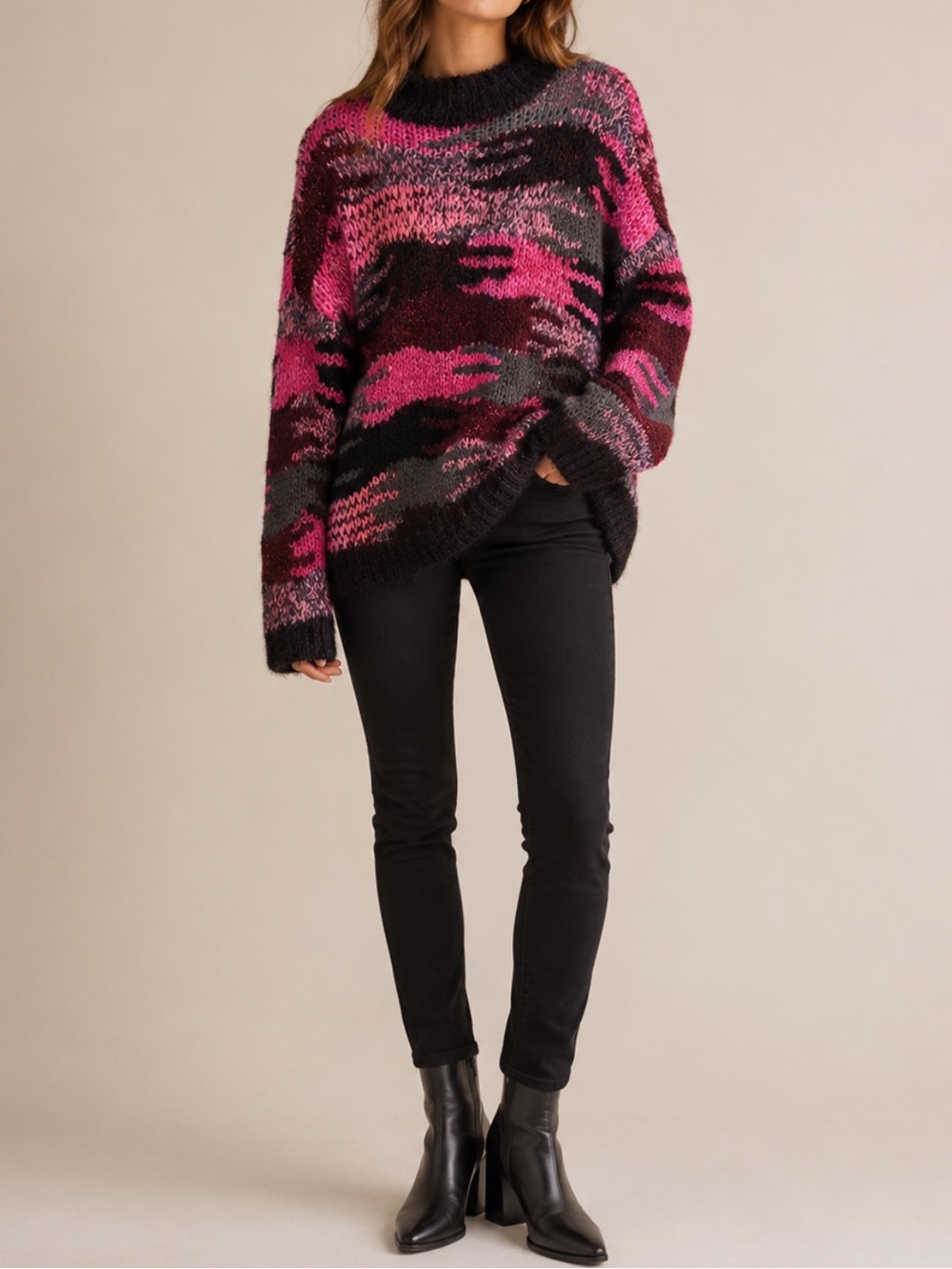 Pink Black Multicolor Oversized Knit Sweater
